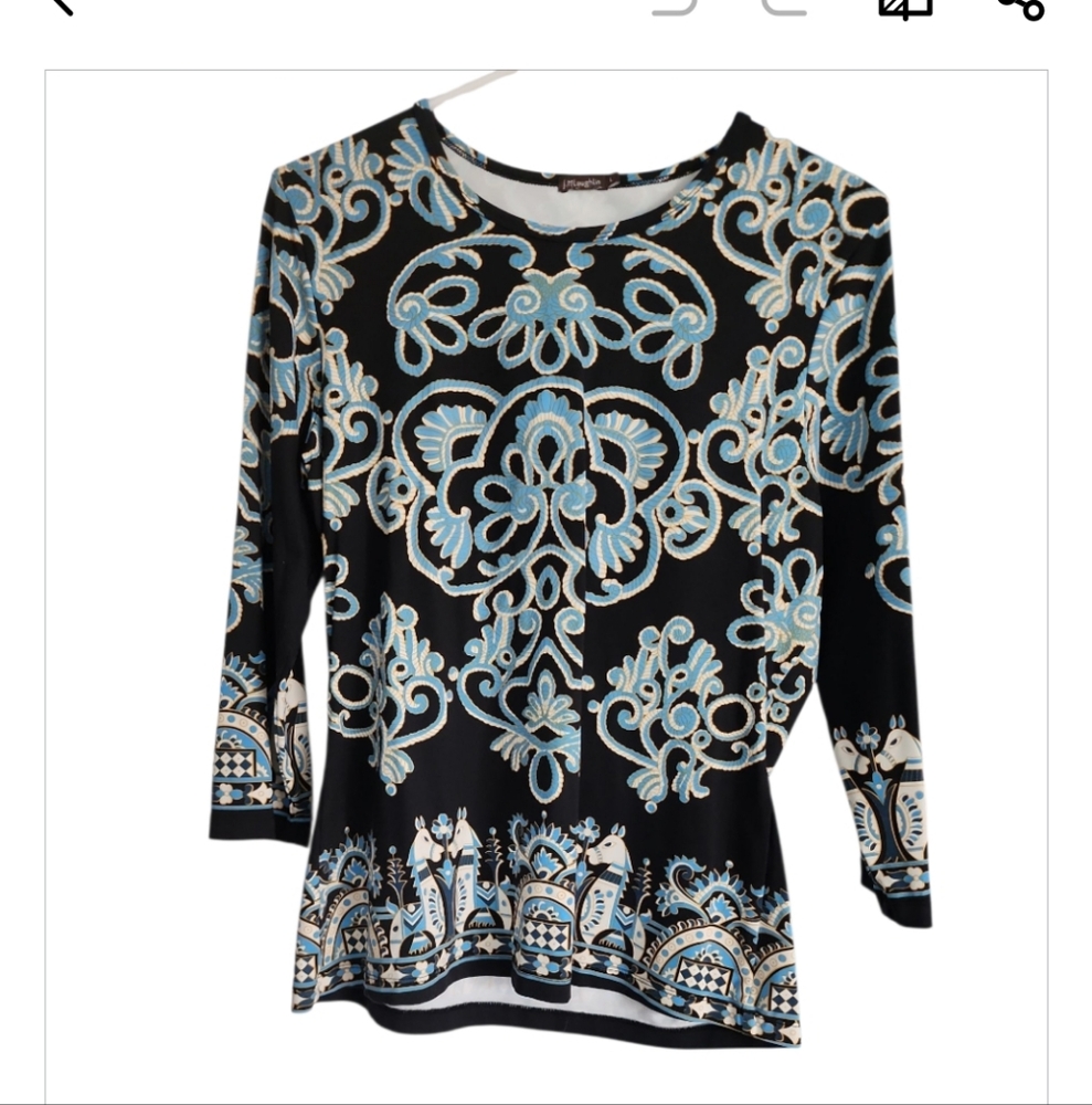 J. McLaughlin Black and Blue Patterned Blouse